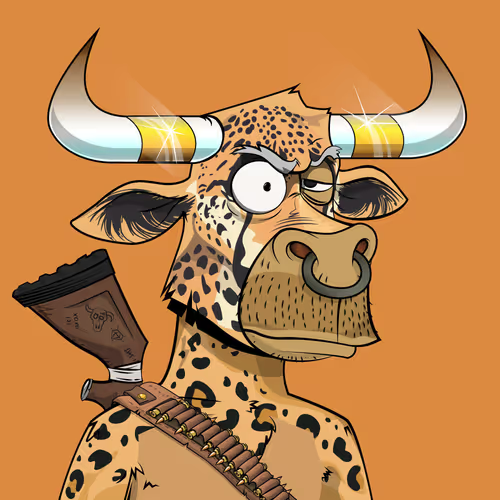 A cartoon illustration of an angry-looking bull or ox character with a nose ring, horns with gold bands, and a bandolier, holding what appears to be a gun stock against an orange background.