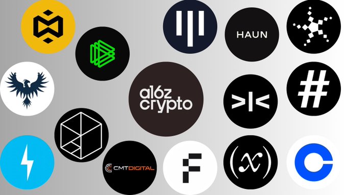 Collection of cryptocurrency and Web3 brand logos including a16z crypto, HAUN, CMT Digital, and others arranged on a gray background.