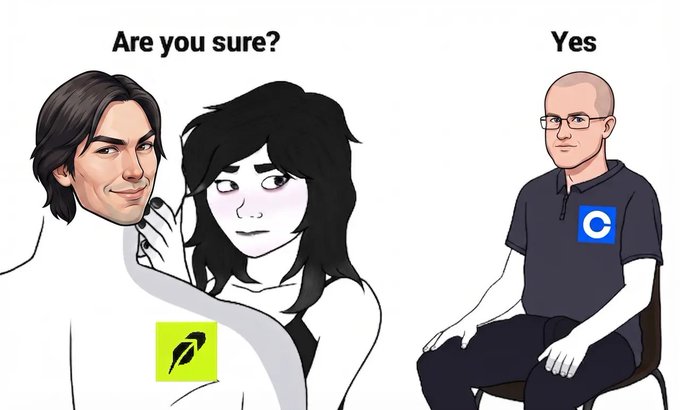 A Wojak meme shows a nervous Robinhood character and a hesitant woman labeled "Are you sure?" while a confident bald Coinbase figure labeled "Yes" sits calmly, visually framing the post's claim that Robinhood Chain has surprisingly out-earned Base (Coinbase's L2) in daily fees by 11x.