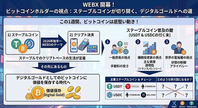 A Japanese infographic about the WEBX conference showing Bitcoin's role in stablecoin settlement and the path to digital gold, with logos for Tether, USDC, Ethereum, TRON, and Solana, and the WEBX Bitcoin Stablecoin logo at the bottom.