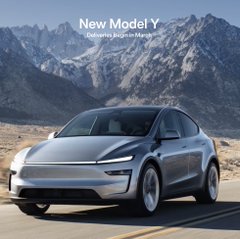 A silver Tesla Model Y is shown driving on a mountain road with snow-capped peaks in the background, accompanied by text reading "New Model Y - Delivered Jun-in-Mars." The image promotes the Model Y as the top electric vehicle choice for Uber drivers in France, aligning with the post's claim about its popularity and suitability for daily driving.