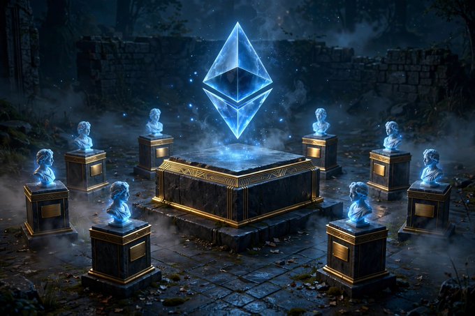 A mystical digital artwork featuring a glowing blue Ethereum (ETH) diamond logo hovering above a dark stone pedestal, surrounded by eight blue holographic busts on gold-accented plinths in a foggy ancient ruin.
