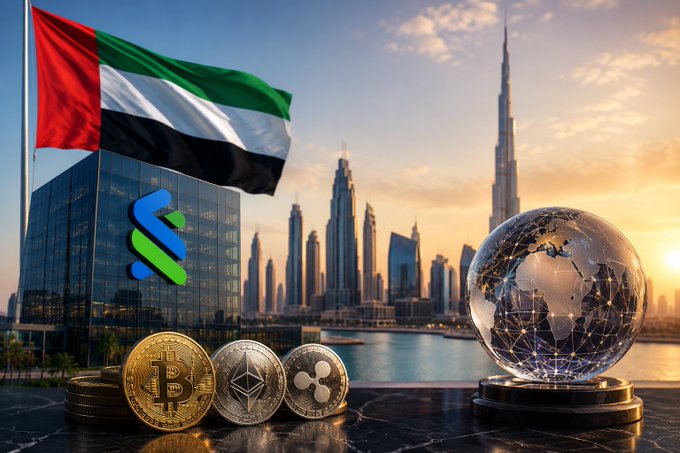 The image depicts the UAE flag alongside the Dubai skyline featuring the Burj Khalifa, with cryptocurrency coins (Bitcoin, Ethereum, and XRP) in the foreground next to a glowing digital globe—visually representing Standard Chartered's new institutional spot crypto trading launch in the UAE.