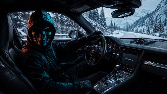 A hooded figure wearing a skull mask sitting in the driver's seat of a Porsche, with a snowy mountain landscape visible through the windows.