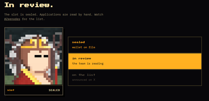 A pixel-art character interface displays the status "In review." alongside messages stating "The slot is sealed. Applications are read by hand," with the application currently in the "in review - the team is reading" stage. The image relates to the post by showing that the user's ZeeNodes application has been submitted and is being processed, indicating they are awaiting review for the free airdrop of 200 tokens from a total supply of 1,111 on the Ethereum chain.