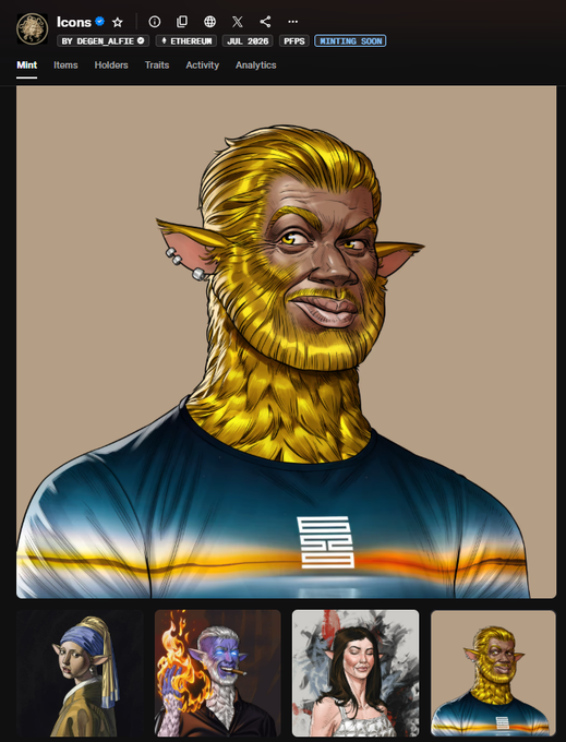 An NFT marketplace page on Ethereum showing an illustrated NFT character with golden skin, pointed ears, and blonde hair wearing a blue shirt, part of an 'Icons' collection by DEGEN_ALFIE (minted July 2026), with four thumbnail variations visible below.