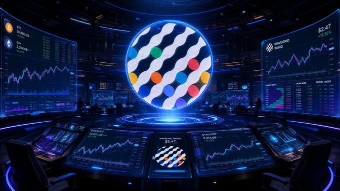 A futuristic trading room display featuring a glowing central sphere with colored dots, surrounded by monitors showing Bitcoin (BTC) and Ethereum (ETH) price charts and the 'Waveord World' logo.
