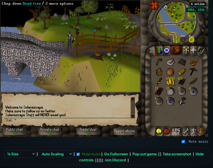 The image shows a screenshot of a computer screen displaying a game interface with various elements such as a map, a bridge, trees, and a river. The text "Welcome to Salanacap" can be seen at the top left corner of the screen, while the words "Salanacap" are also present in the bottom right corner. Additionally, there is a post on social media that reads: "OG Name + RS @solana_scape". This post seems to be related to the game being played or posted by someone who has created it.