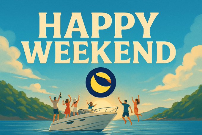 A cheerful illustration with 'HAPPY WEEKEND' text in large letters above a tropical scene featuring people celebrating on a boat with the Terra (LUNA) logo displayed in the sky.