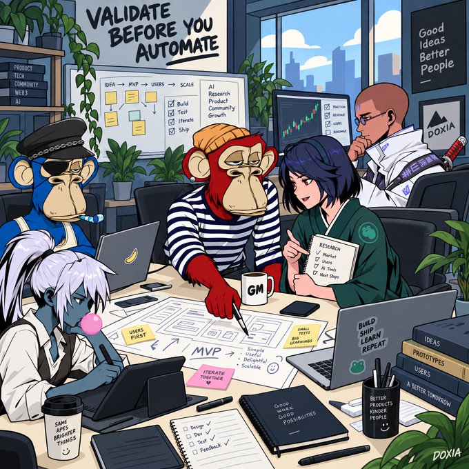 A cartoon illustration depicting monkey characters and other figures in a startup office, with text reading 'VALIDATE BEFORE YOU AUTOMATE' and 'Good Ideas Better People'.