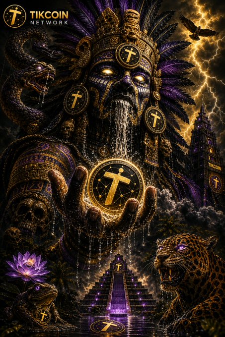 A dark, mythological figure adorned with TikCoin logos holds a glowing "T" emblem, flanked by a serpent, jaguar, and frog, symbolizing the central role of the $TIK token in the TikChain network. The looming stormy tower in the background warns of the whale-dominated landscape, reinforcing the message to hold #TIK coins tightly and avoid selling below $1.
