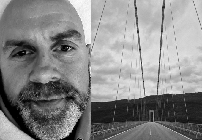 A black-and-white split image: on the left is a close-up selfie of a bald, bearded man, and on the right is a view of a suspension bridge against a cloudy sky.
