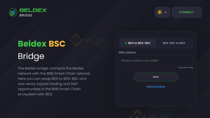 The Beldex BSC Bridge interface for swapping BDX tokens to BDX-BSC between the Beldex and BNB Smart Chain networks.