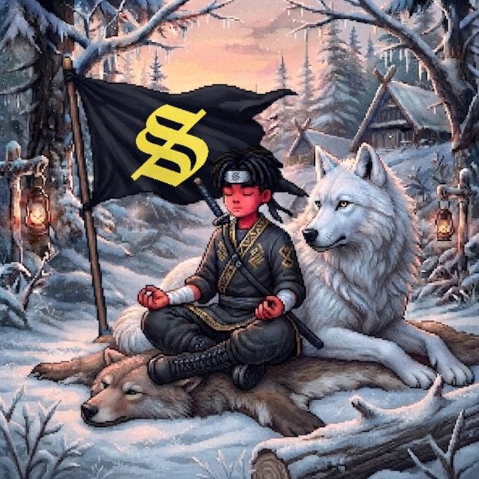 An anime-style illustration depicts a child samurai meditating beside a large white wolf in a snowy landscape, with a black flag bearing a yellow 'S' logo planted behind them.