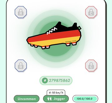 STEP'N app showing a 'Uncommon Jogger' sneaker designed with the German flag colors (black, red, gold), at 4-10 km/h with 100.0/100.0 attributes.