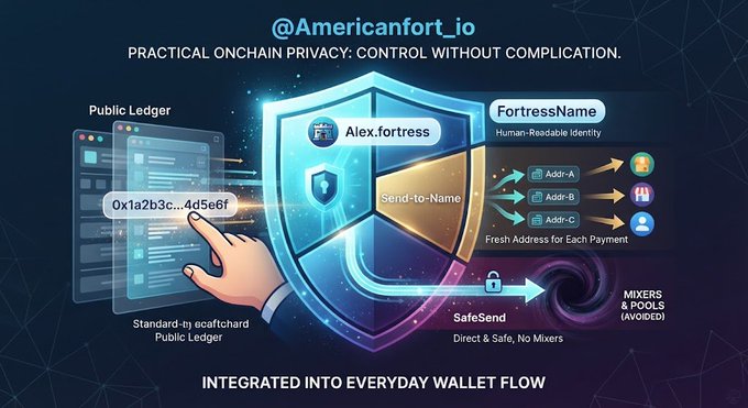 Promotional graphic for @Americanfort_io with the tagline 'PRACTICAL ONCHAIN PRIVACY: CONTROL WITHOUT COMPLICATION,' illustrating how the 'FortressName' system converts a public address '0x1a2b3c...4d5e6f' into a human-readable identity 'Alex.fortress' that generates a fresh address per payment via SafeSend.