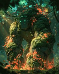 A fantasy artwork of a massive stone golem or forest creature covered in glowing red-orange embers and moss, standing in a mystical green-lit forest setting.