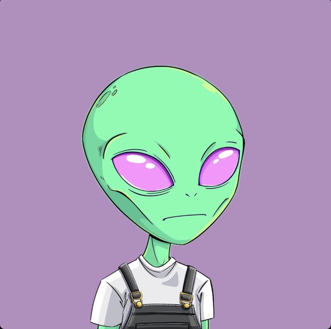 A cartoon illustration of a green alien with large purple eyes wearing a white t-shirt and black overalls against a purple background.