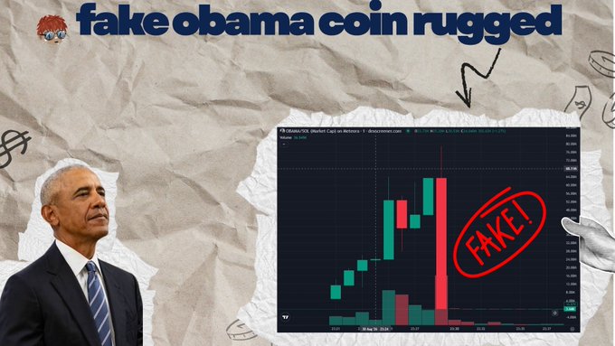 A warning graphic titled 'fake obama coin rugged' featuring a photo of Barack Obama next to a cryptocurrency price chart marked 'FAKE!' in red.