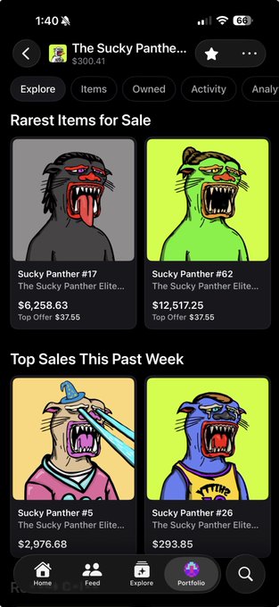 A mobile screenshot of an NFT marketplace showing "The Sucky Panther" collection with a portfolio value of $300.41, displaying rare items for sale like "Sucky Panther #17" ($6,258.63), "#62" ($12,517.25), and top weekly sales including "#5" ($2,976.68) and "#26" ($293.85). The image illustrates the collection's notable sales activity, highlighting the high-value rare items that contradict the post's criticism of fading 149 1/1 NFTs from the artist.