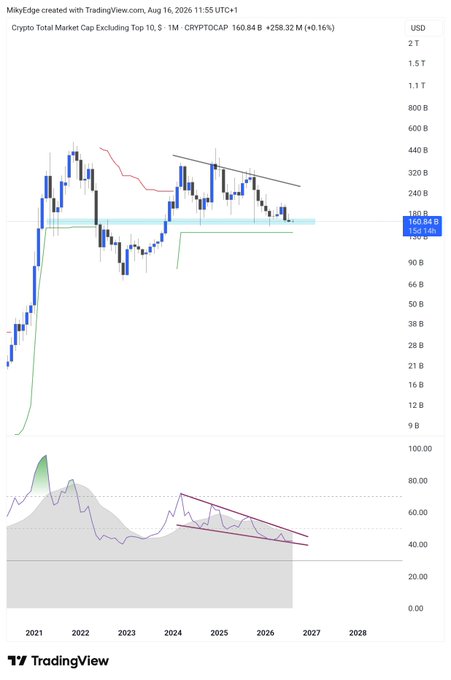 The image is a TradingView chart showing the Crypto Total Market Cap Excluding Top 10 (CRYPTOCAP) on a 1-month timeframe, currently at 160.84B (+258.32M, +0.16%), with technical analysis including a descending trendline and support level around 150B. The accompanying RSI indicator shows a bearish divergence pattern with declining momentum, visually reinforcing the "calm before the storm" narrative as the altcoin market consolidates near key support ahead of a potential major move.