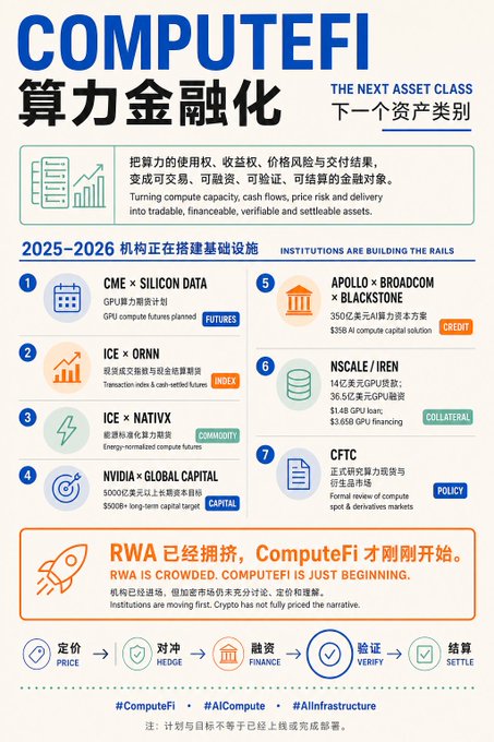 An infographic titled 'COMPUTEFI 算力金融化 - THE NEXT ASSET CLASS' lists various financial institutions like CMExSILICON DATA, ICE, NVIDIA, and CFTC involved in compute-related investments.