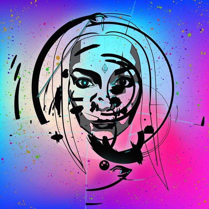 A vibrant, stylized digital illustration features an abstract portrait of a woman with flowing hair, geometric line patterns, and colorful paint splatters set against a gradient blue-to-pink background. The post requests algorithmic help to showcase the artist's distinctive, expressive work to their followers.