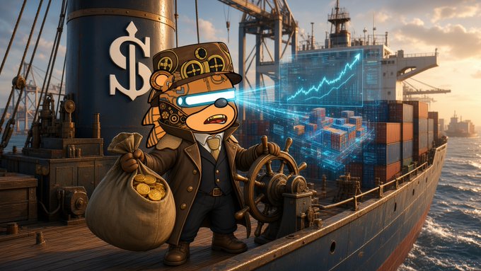 A cartoon monkey character dressed as a steampunk sailor holds a bag of gold coins on a cargo ship, with a holographic stock chart rising from the ship's wheel and a dollar sign on the smokestack.