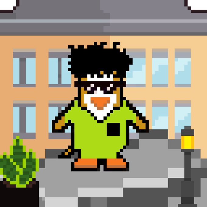 A pixel art character with an afro and glasses wearing a bright green outfit, standing on a sidewalk in front of an orange building with blue windows.