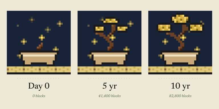 The image shows three different stages of a bonsai tree, each with its own unique design and color scheme. The first stage features a small tree with a brown trunk and yellow leaves. The second stage showcases a larger tree with a green trunk and yellow leaves. The third stage depicts the same tree in a smaller size, with a brown trunk and yellow leaves. Each stage is accompanied by text that provides information about the bonsai tree's growth over time, as well as its age and how long it will survive past 10 years.