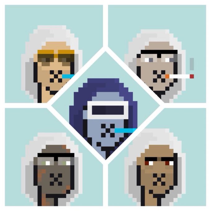 Pixel art collage of five ape-like faces, with one in the center wearing a blue welding mask and others wearing sunglasses or white fur hats.