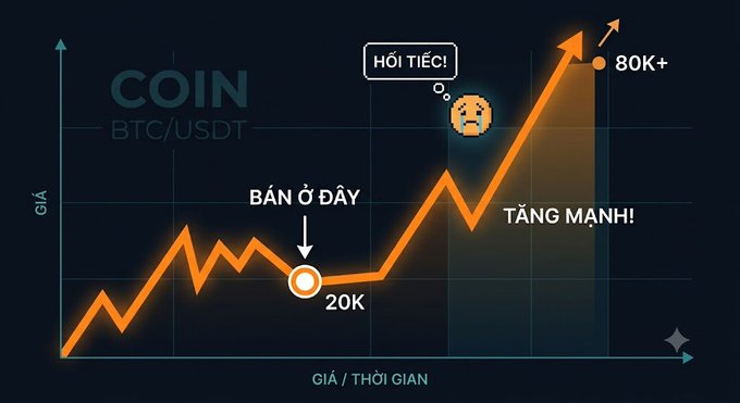 A cryptocurrency price chart titled "COIN BTC/USDT" illustrates a sharp price surge, marking a point labeled "BÁN Ở ĐÂY 20K" (sold here at 20K) followed by a steep upward trend reaching "80K+" with "TĂNG MẠNH!" (strong increase!) and a regretful emoji captioned "HỒI TIẾC!" (regret!). The image visually reinforces the post's question about selling a coin too early and watching it skyrocket.