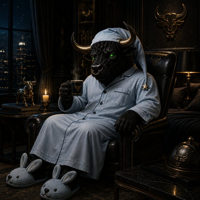 A digitally rendered scene features a humanoid black bull wearing a blue nightshirt and nightcap, sitting in a leather chair holding a steaming mug, with bunny slippers visible at the bottom.