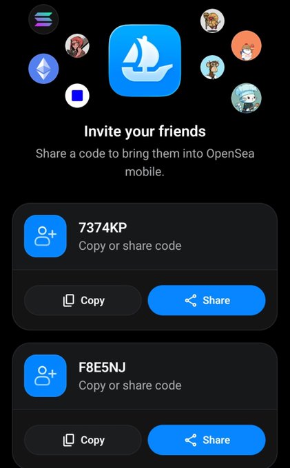 Screenshot of an OpenSea mobile app invite screen displaying two referral codes ("7374KP" and "F8E5NJ") with Copy and Share buttons, surrounded by NFT profile pictures.