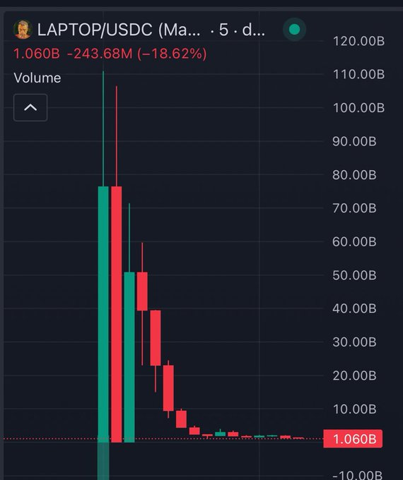 A stock chart for 'LAPTOP/USDC' shows a dramatic price crash, currently at 1.060B, down 18.62% (-243.68M), with massive initial volume followed by a steep decline.