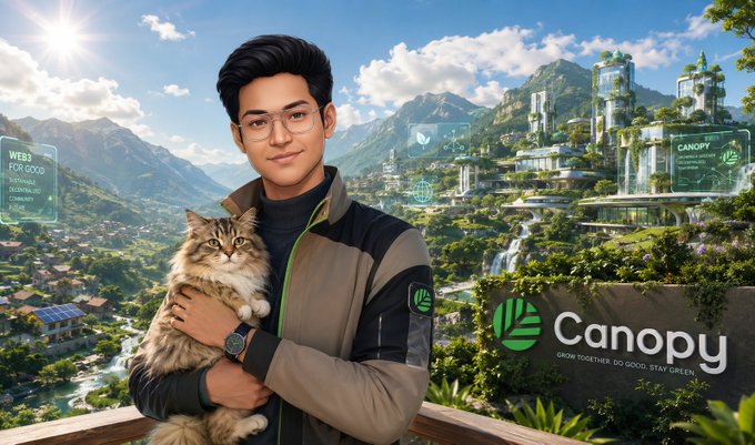 A promotional image featuring an Asian man holding a fluffy tabby cat against a futuristic green eco-city backdrop with the 'Canopy' logo and tagline 'GROW TOGETHER. DO GOOD. STAY GREEN.'