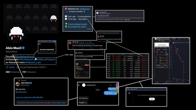 A collage showing the Twitter/X profile of 'AbioMaxi' (@AbioMaxi), a founder of @SuNetwork, @ResolIntern, @Mysteri_Labs, displaying their bio and several tweet screenshots.