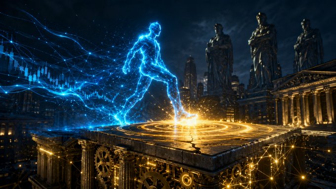 A digital artwork shows a glowing blue humanoid figure composed of light particles and lines, stepping onto an ornate golden pedestal surrounded by classical statues and a futuristic city skyline at night, with gold sparks emanating from the figure's foot.