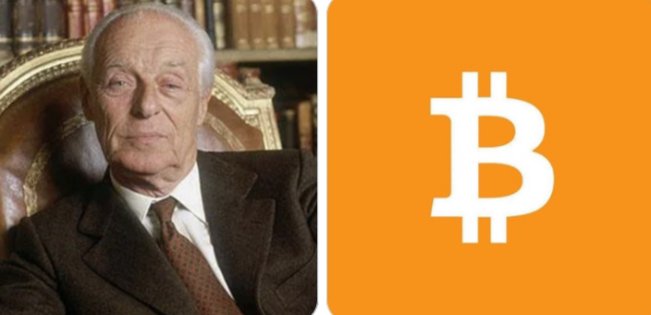 An elderly man, likely portraying Baron Rothschild, sits in a library setting next to an orange panel featuring the Bitcoin (₿) symbol. The image visually pairs the famous investor's contrarian wisdom with Bitcoin, suggesting cryptocurrency as a modern "buy when there's blood in the streets" opportunity.