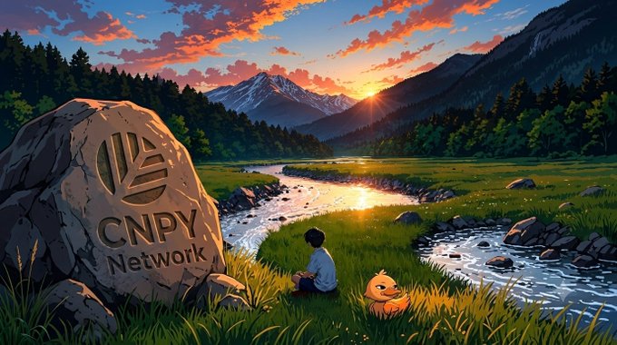 A young person and a small creature sit by a stream at sunset beside a large stone engraved with "CNPY Network," symbolizing the calm, self-directed approach the post describes—where builders can carve their own path rather than relying on others' infrastructure. The serene landscape reflects the ease and autonomy that CNPY Network aims to bring to blockchain development.