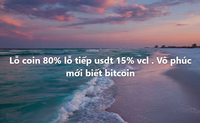 A sunset beach scene with Vietnamese text overlay reading 'Lỗ coin 80% lỗ tiếp usdt 15% vcl . Vô phúc mới biết bitcoin'.
