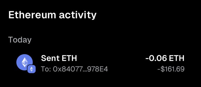 A dark-themed 'Ethereum activity' screen showing a transaction that sent -0.06 ETH (approximately -$161.69) to address 0x84077...978E4.