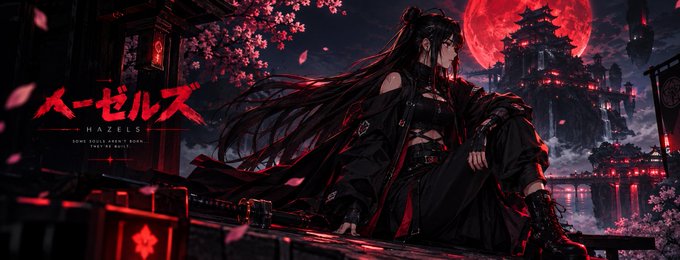 An anime-style promotional image featuring a dark-haired female character in black clothing against a red moon backdrop, with Japanese text 'ヘーゼルス' (HAZELS) and the tagline 'SOME SOULS AREN'T BORN. THEY'RE BUILT.'