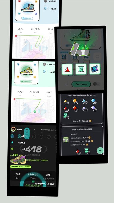 A collage of multiple screenshots from a fitness and gaming app (STEPN), showing route maps, sneaker NFT details, gems and scrolls inventory, and player profile stats including level 30 and a 100% strong feet score.