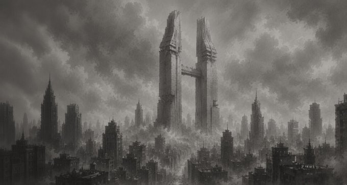 A monochromatic, atmospheric digital artwork depicting a dystopian cityscape dominated by a massive twin-tower skyscraper under stormy, cloudy skies.