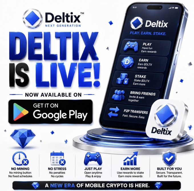A bold "DELTIX IS LIVE!" promotional graphic announces the Deltix Next Generation mobile crypto app's official launch on Google Play, featuring a smartphone displaying the app's core features: PLAY (have fun, earn rewards), EARN ($DLTX rewards), STAKE ($DLTX), BRING FRIENDS (invite & earn together), and P2P TRANSFERS (fast, secure, easy). The image highlights five key benefits—no mining, no stress, just more play, earn more, and built for you—reinforcing the post's message that a new era of mobile crypto has begun.