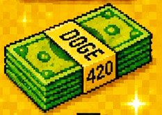 A pixel-art illustration of a stack of green dollar bills bound by a band reading "DOGE 420," set against a golden-yellow background.