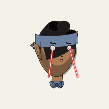 A cartoon illustration of a person with dark skin and black hair wearing a blue headband, with red laser beams shooting from their eyes.