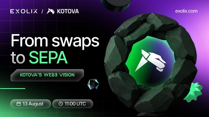 An advertisement for an EXOLIX x KOTOVA event titled 'From swaps to SEPA: KOTOVA'S WEB3 VISION', scheduled for 13 August at 11:00 UTC, featuring a wolf logo emerging from a cracked rock.