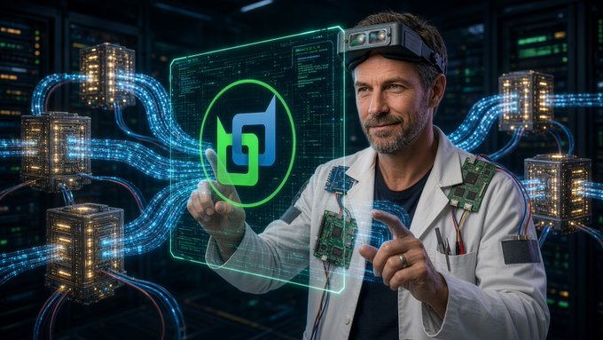 A scientist or technician in a lab coat wears AR glasses while interacting with a holographic green logo display in a futuristic server room setting.